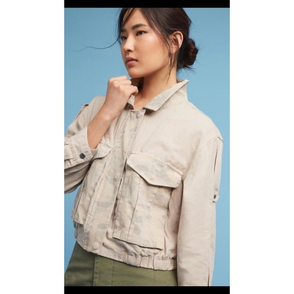 Anthropologie Hei Hei Women's Jacket Taupe Camo Crop Linen Size XSP NWT - Picture 1 of 12